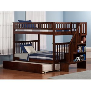 Pemberly Row Full over Full Solid Wood Modern Bunk Bed with Trundle in Walnut