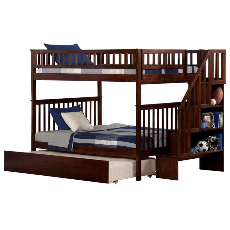 Pemberly Row Full over Full Solid Wood Modern Bunk Bed with Trundle in Walnut