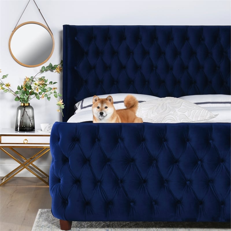 Pemberly Row Modern / Contemporary Tufted Bed King Navy Blue Velvet