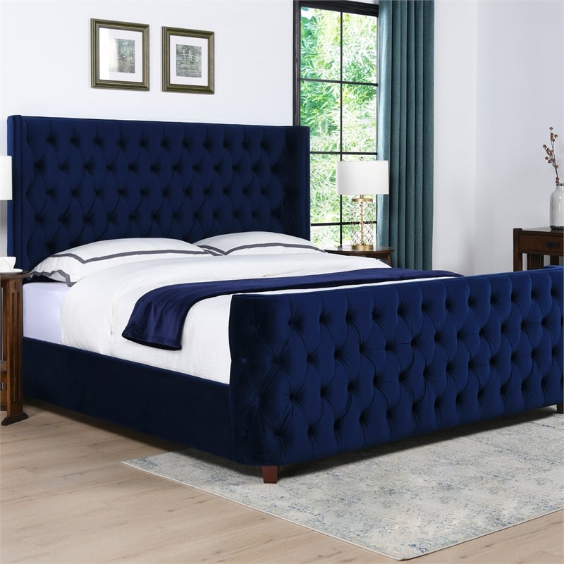 Pemberly Row Modern / Contemporary Tufted Bed King Navy Blue Velvet
