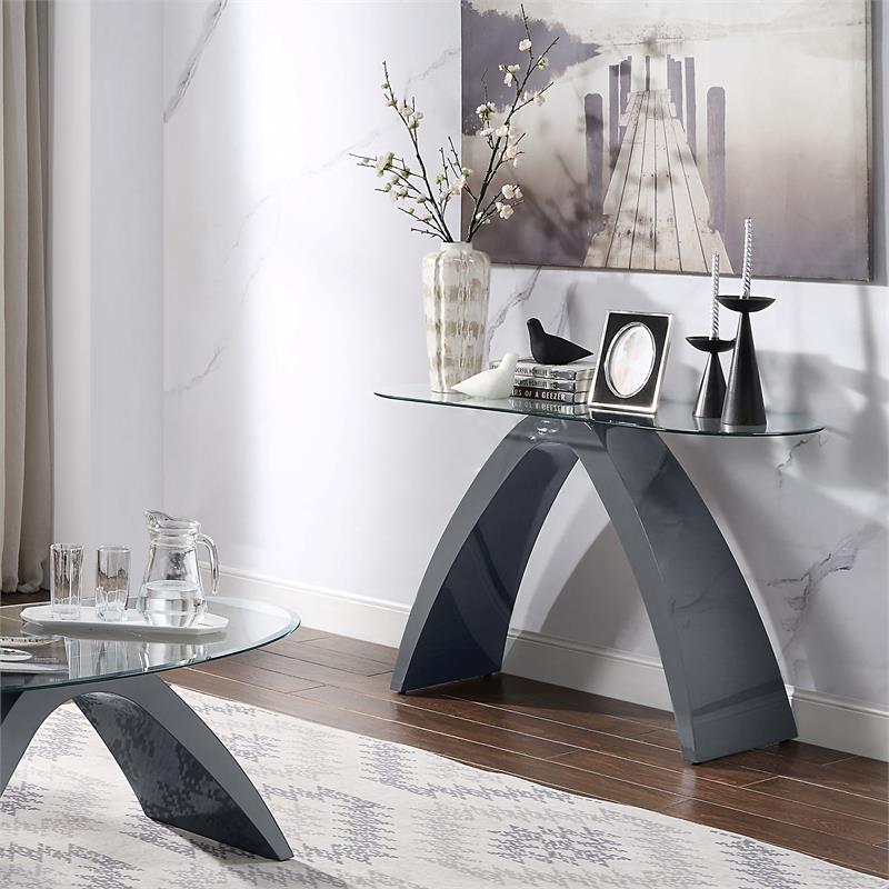 Pemberly Row Modern Contemporary Glass Top Sofa Table in Gray