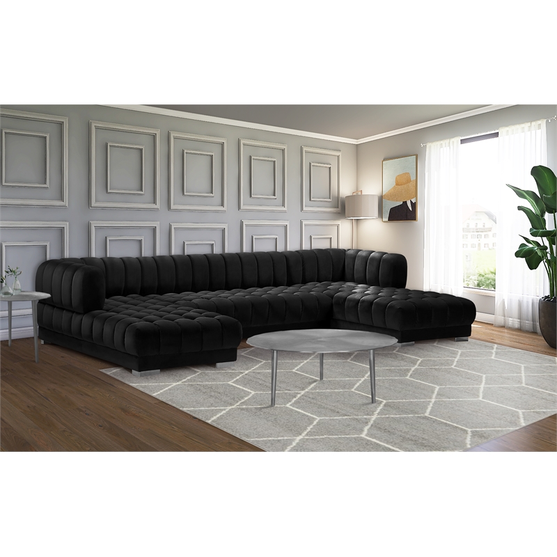 Pemberly Row Modern / Contemporary Black Velvet 3pc. Sectional
