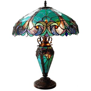 Pemberly Row Tiffany-style 3 Light Double Lit Table Lamp 18&quot Shade