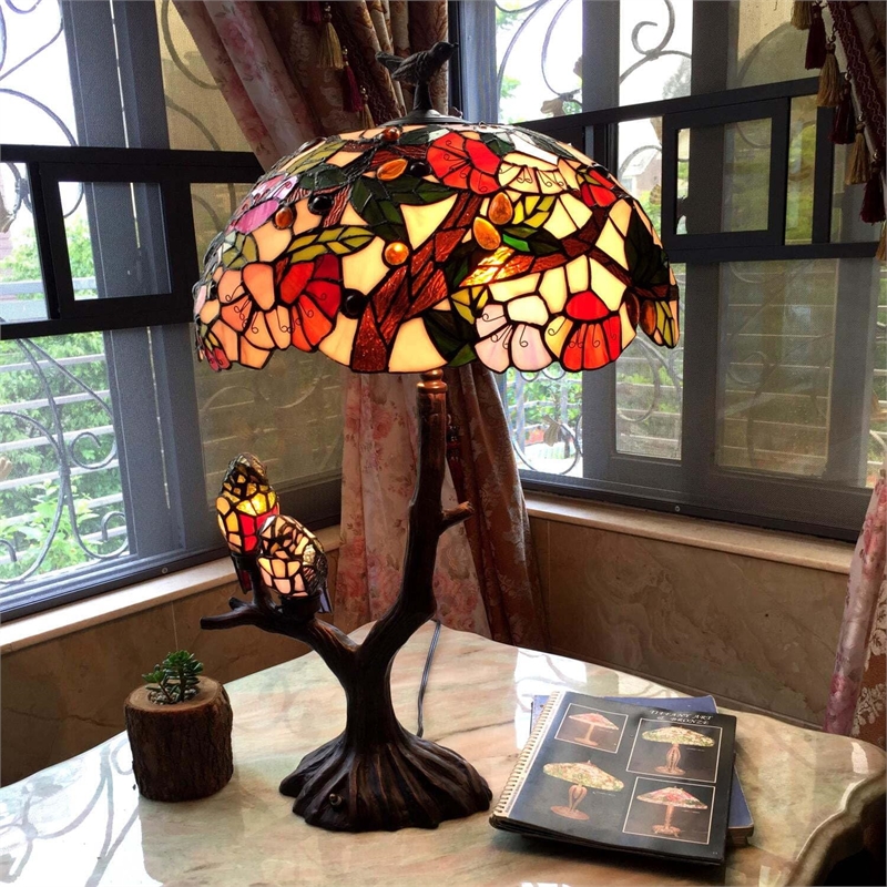Pemberly Row 4 Light Tiffany Flowers & Birds Double Lit Table Lamp Oval Shape