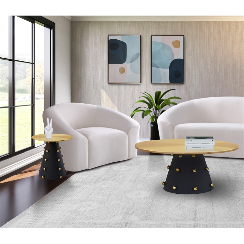 Pemberly Row Brushed Gold Top Coffee Table with Matte Black Base