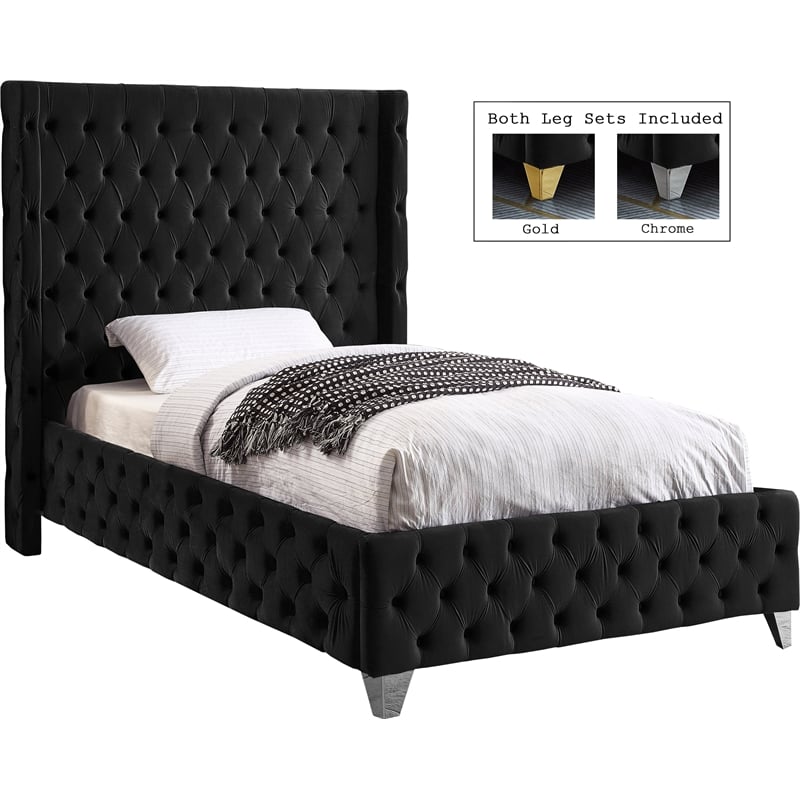 Pemberly Row Modern / Contemporary Black Finish Velvet Twin Bed
