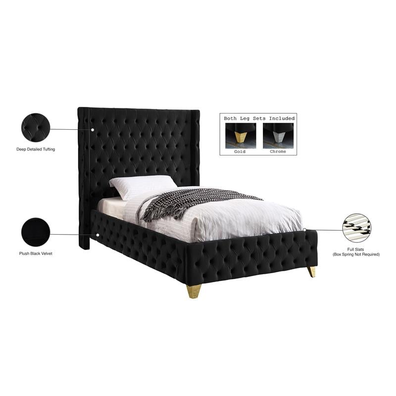 Pemberly Row Modern / Contemporary Black Finish Velvet Twin Bed