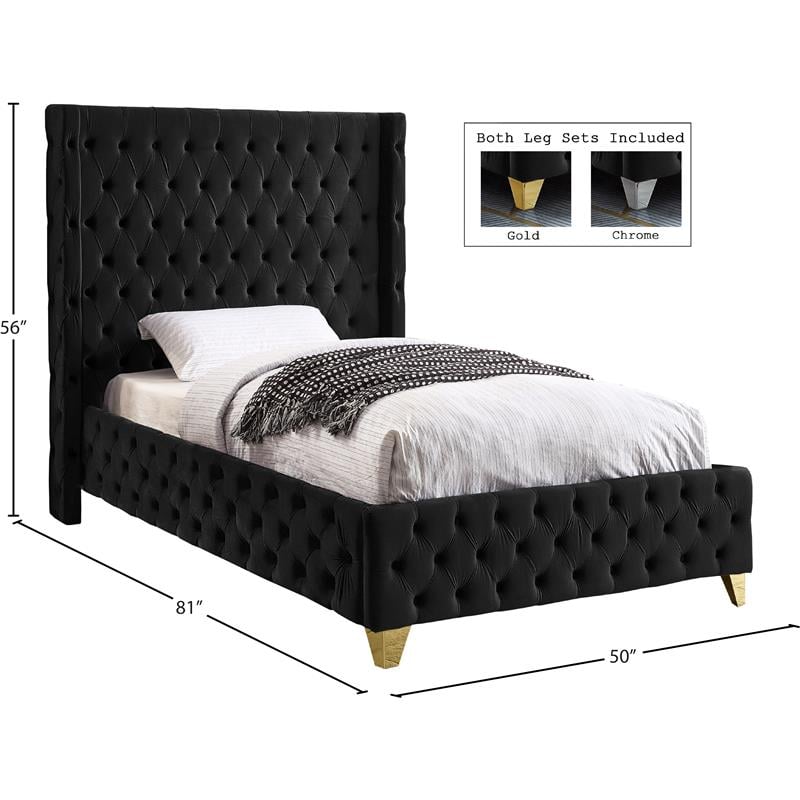 Pemberly Row Modern / Contemporary Black Finish Velvet Twin Bed