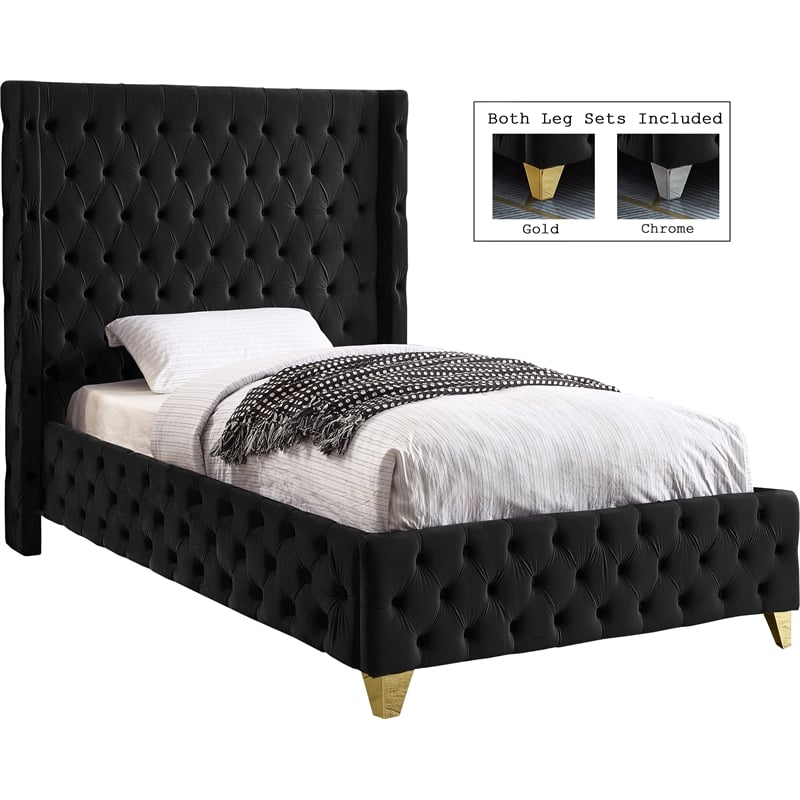 Pemberly Row Modern / Contemporary Black Finish Velvet Twin Bed