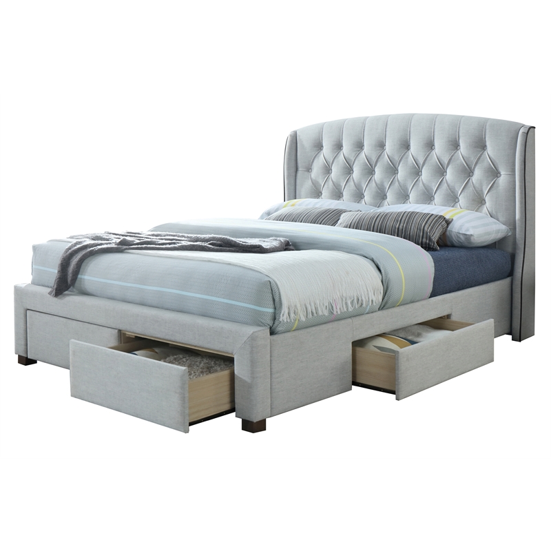 Pemberly Row Adele King Bed with Storage Upholstered in Pebble Gray Fabric