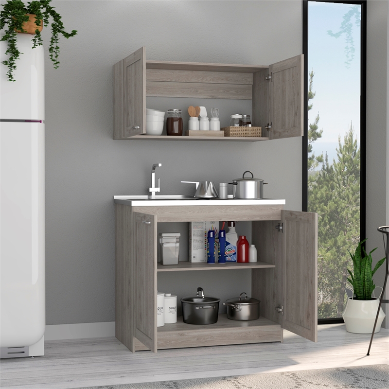 Pemberly Row 2-Shelf Engineered Wood Cabinet Set in Light Gray