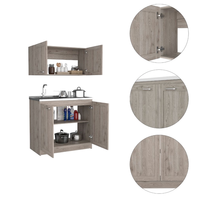 Pemberly Row 2-Shelf Engineered Wood Cabinet Set in Light Gray