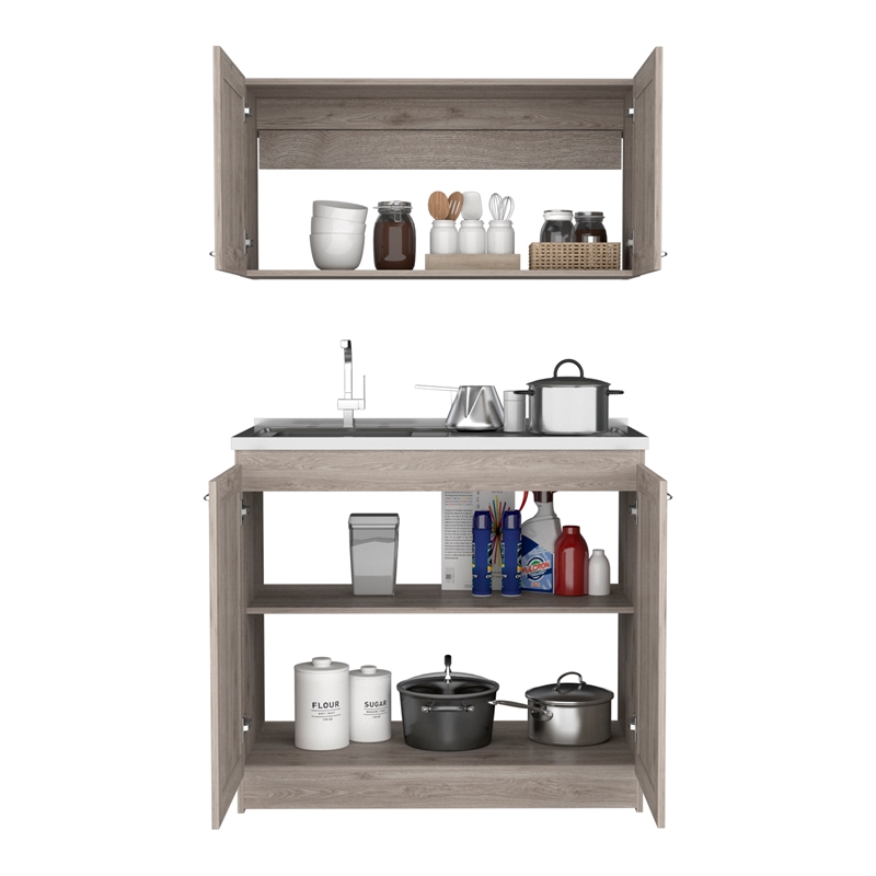 Pemberly Row 2-Shelf Engineered Wood Cabinet Set in Light Gray
