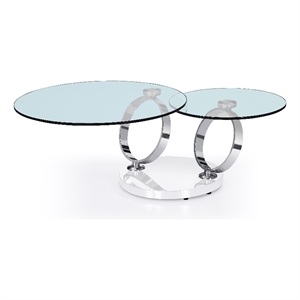 Pemberly Row Motion glass top Coffee Table w/ Stainless Steel Rings & White base