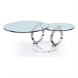 Pemberly Row Motion glass top Coffee Table w/ Stainless Steel Rings & White base