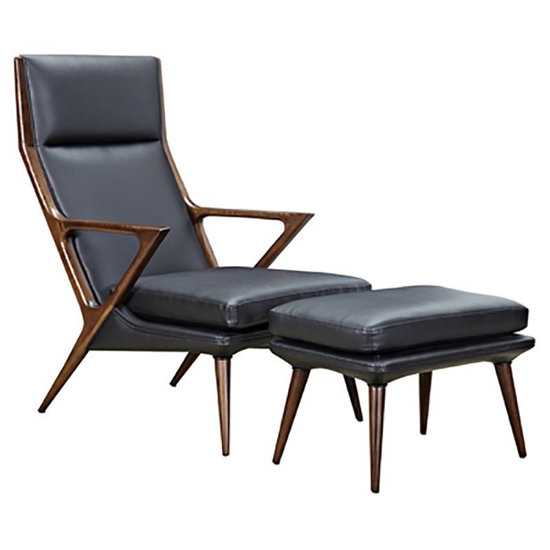 Pemberly Row Faux Leather & Wood Lounge Chair & Ottoman in Black/Walnut