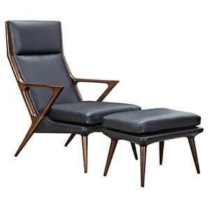 Pemberly Row Faux Leather & Wood Lounge Chair & Ottoman in Black/Walnut