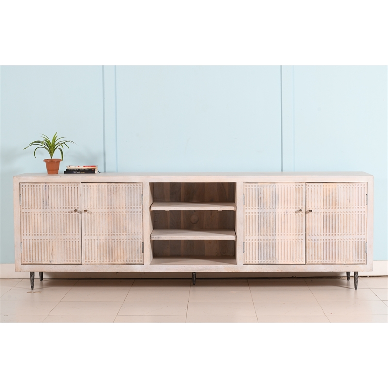 Pemberly Row 4 Door Media Cabinet Mango Wood Brushed Ivory Finish on Iron Base