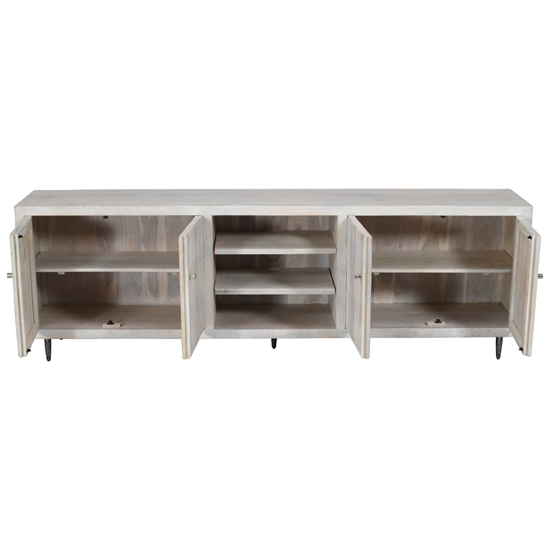 Pemberly Row 4 Door Media Cabinet Mango Wood Brushed Ivory Finish on Iron Base