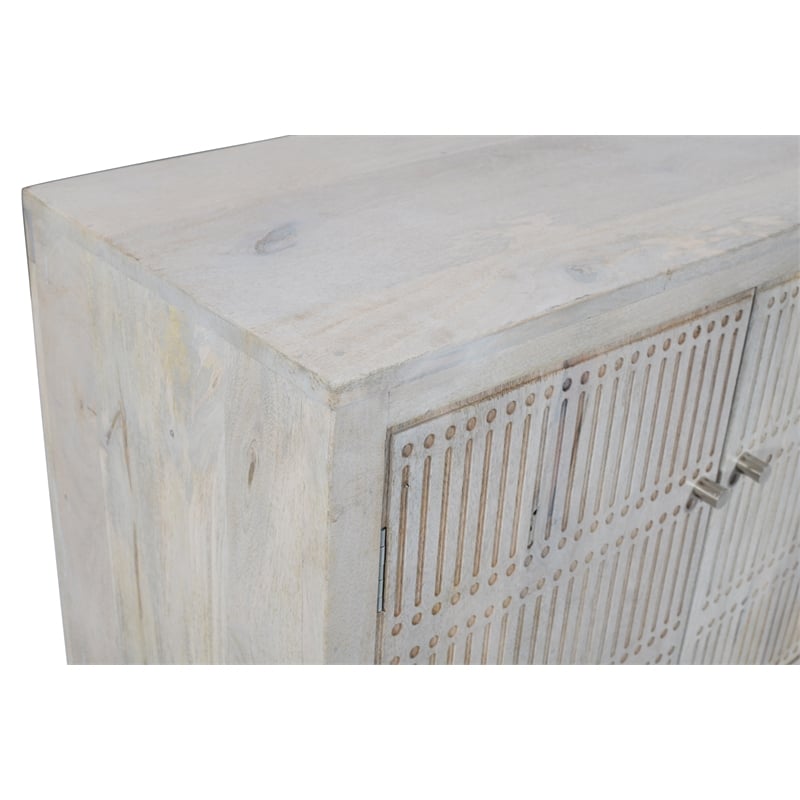 Pemberly Row 4 Door Media Cabinet Mango Wood Brushed Ivory Finish on Iron Base