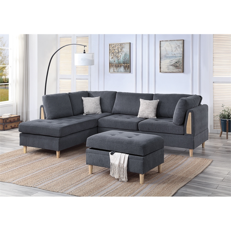 Pemberly Row Contemporary 3-Piece Sectional Sofa in Charcoal