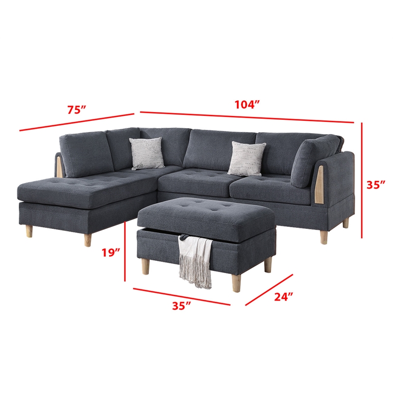 Pemberly Row Contemporary 3-Piece Sectional Sofa in Charcoal