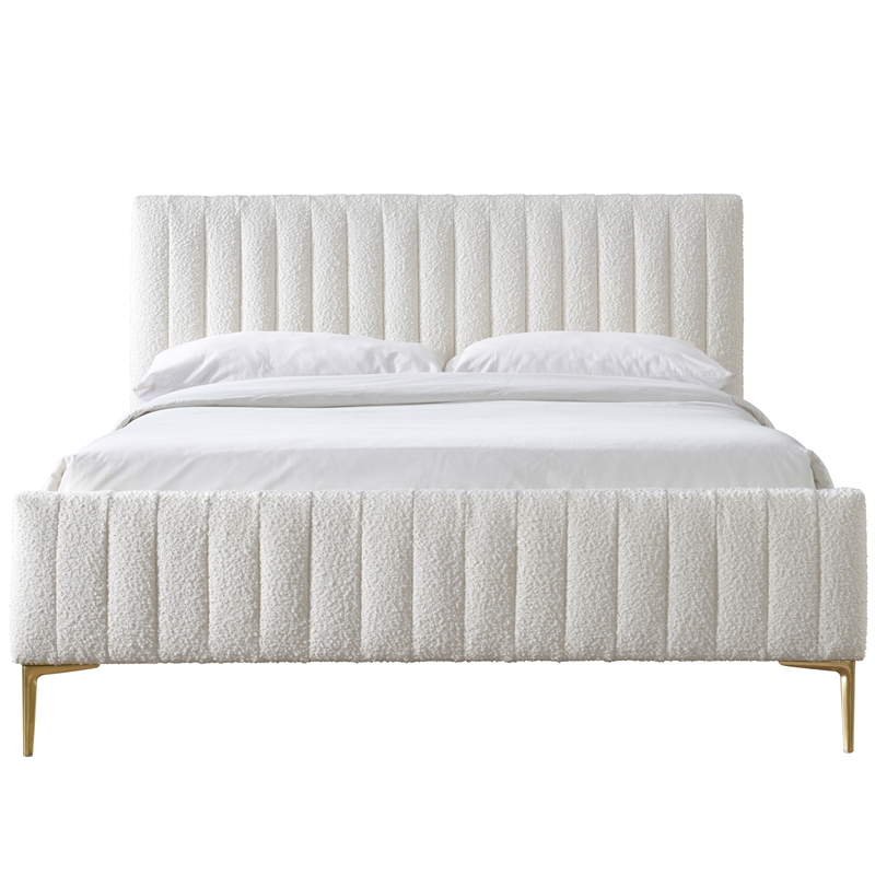 Pemberly Row Wood and Fabric Upholstered Queen Platform Bed in White Boucle