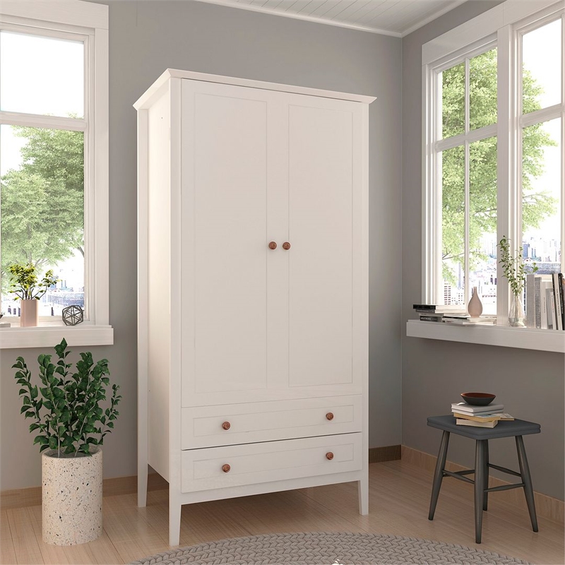 Pemberly Row Modern 2-Drawer Wood Full Wardrobe Armoire in White
