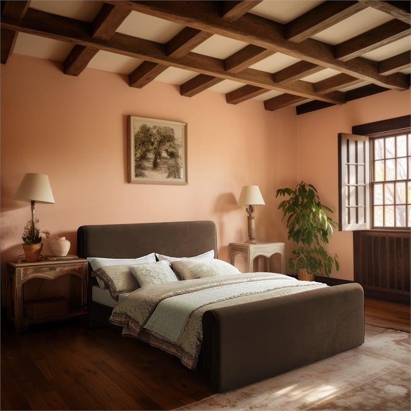 Pemberly Row Modern / Contemporary Brown Finish Velvet King Bed