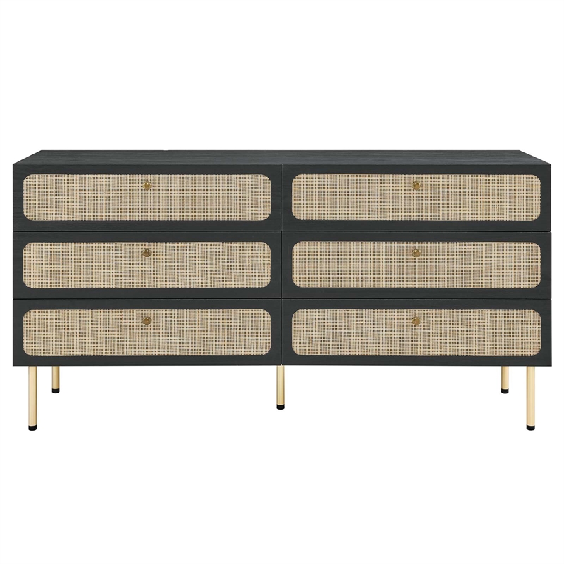 Pemberly Row 6-Drawer Particleboard and Rattan Dresser in Black