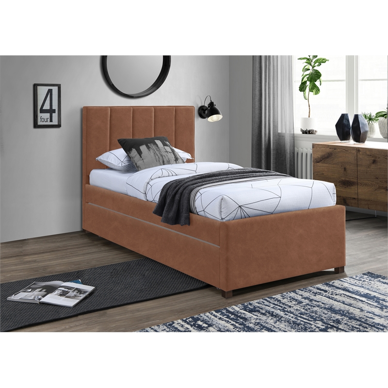 Pemberly Row Contemporary Cognac Vegan Leather Twin Trundle Bed