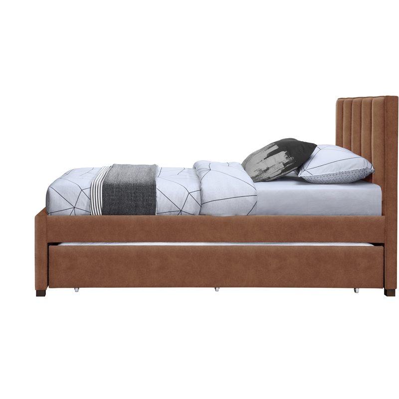Pemberly Row Contemporary Cognac Vegan Leather Twin Trundle Bed