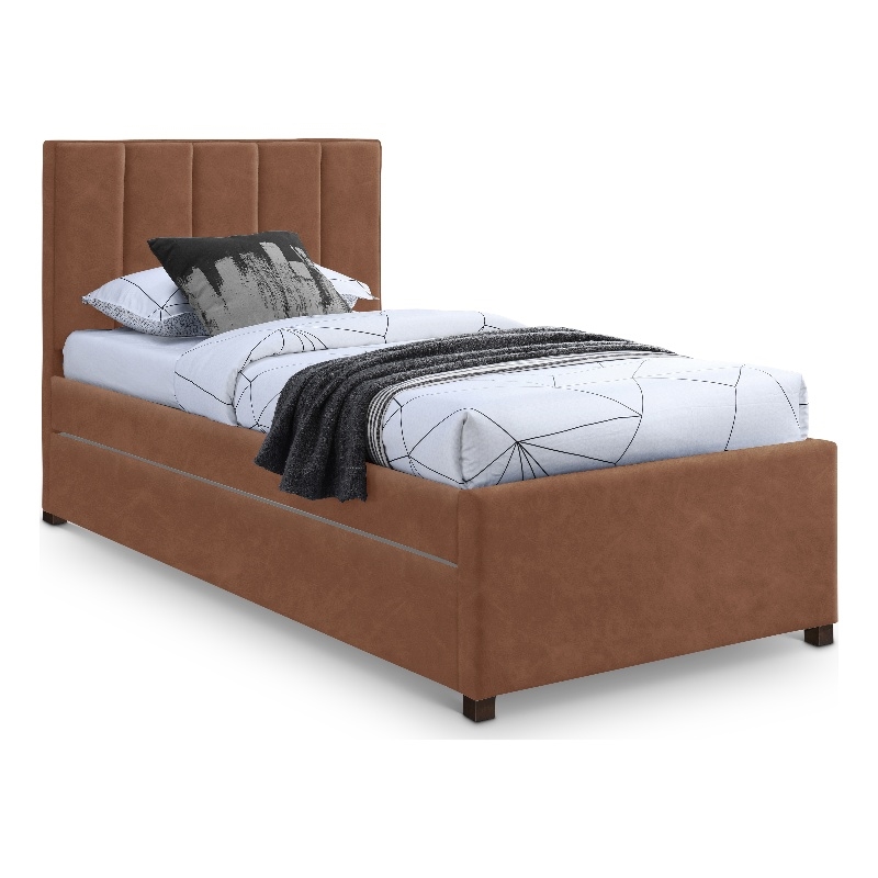 Pemberly Row Contemporary Cognac Vegan Leather Twin Trundle Bed