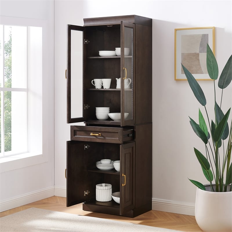 Pemberly Row Glass Door Wood Kitchen Storage Pantry in Coffee