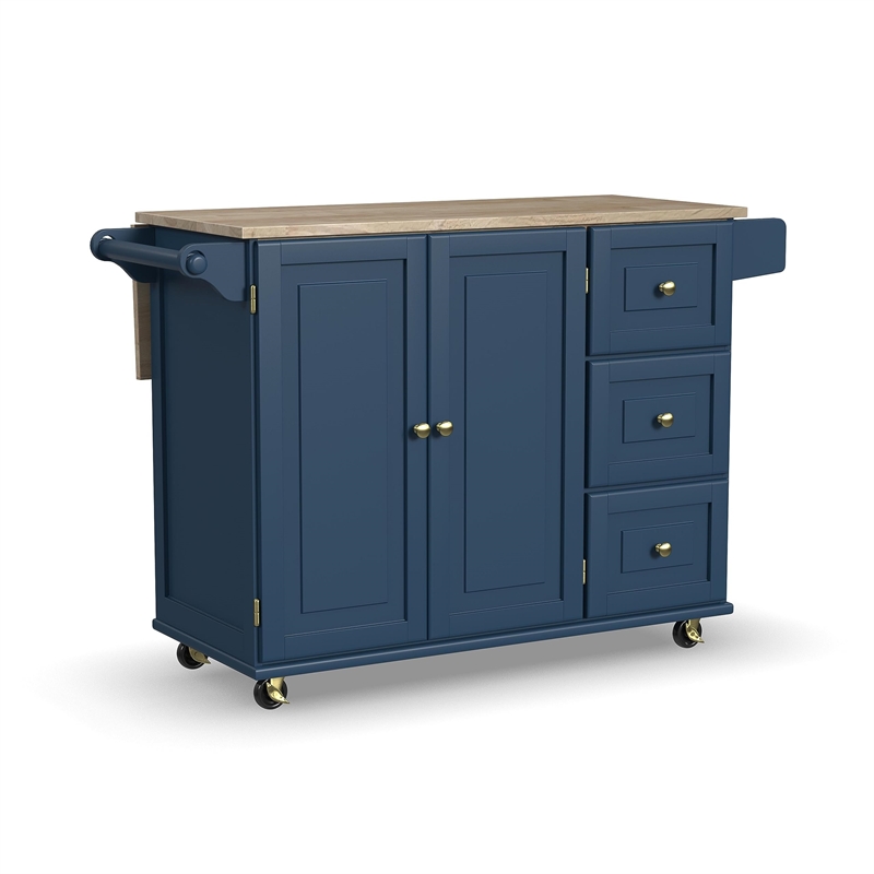 Pemberly Row Traditional Engineered Wood Kitchen Cart in Blue/Brass