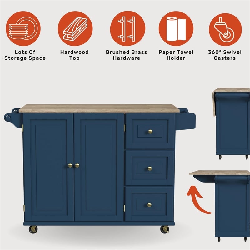 Pemberly Row Traditional Engineered Wood Kitchen Cart in Blue/Brass
