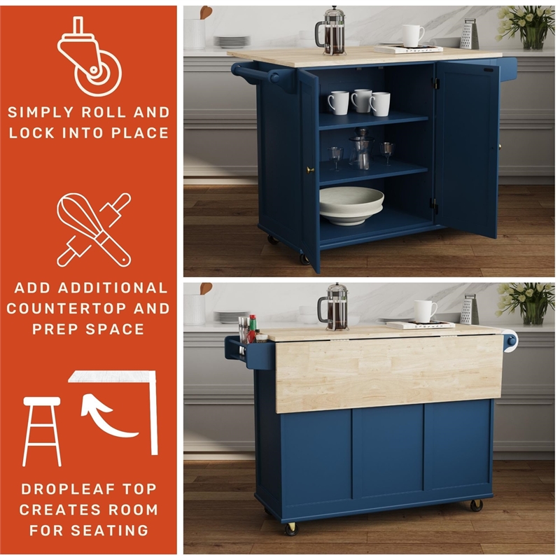 Pemberly Row Traditional Engineered Wood Kitchen Cart in Blue/Brass