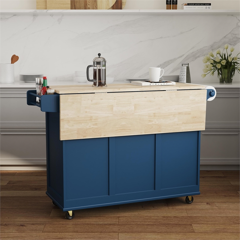 Pemberly Row Traditional Engineered Wood Kitchen Cart in Blue/Brass