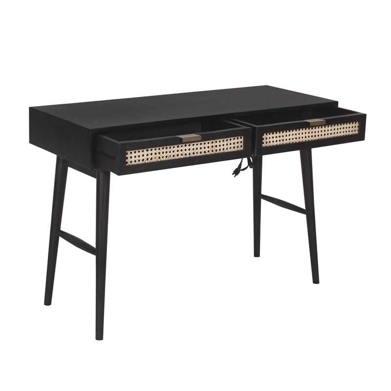 Pemberly Row Modern Solid Wood Desk w/ Built-in-Outlet in Black