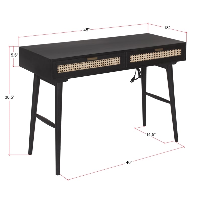 Pemberly Row Modern Solid Wood Desk w/ Built-in-Outlet in Black