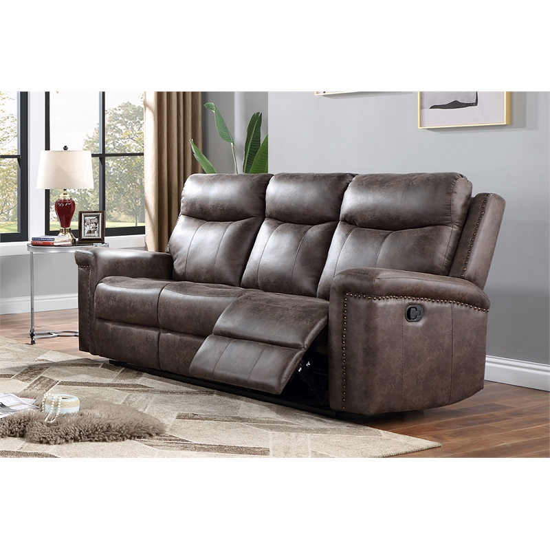 Pemberly Row Polyester Fabric Sofa with Dual Recliner in Mocha