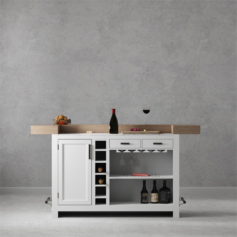 Pemberly Row Modern Wood Bar with Quartz Insert in White/Natural