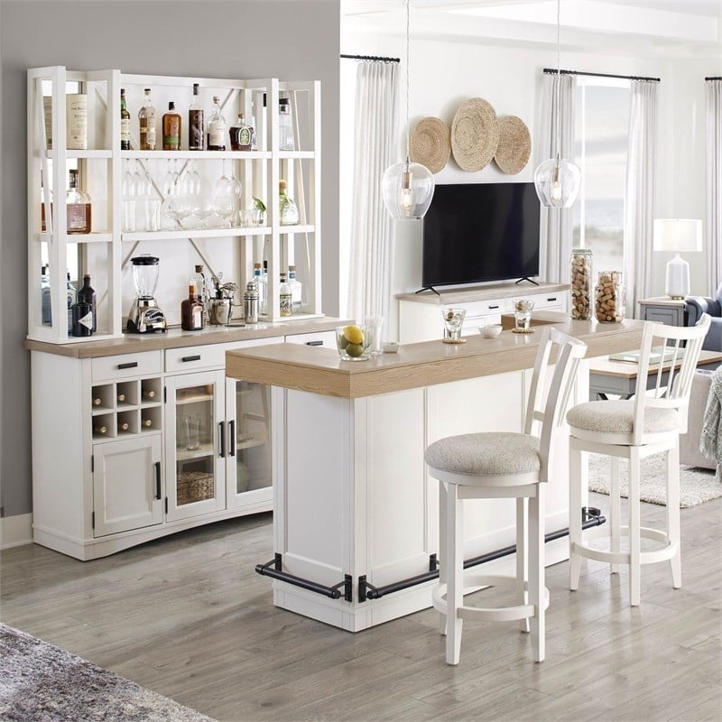 Pemberly Row Modern Wood Bar with Quartz Insert in White/Natural