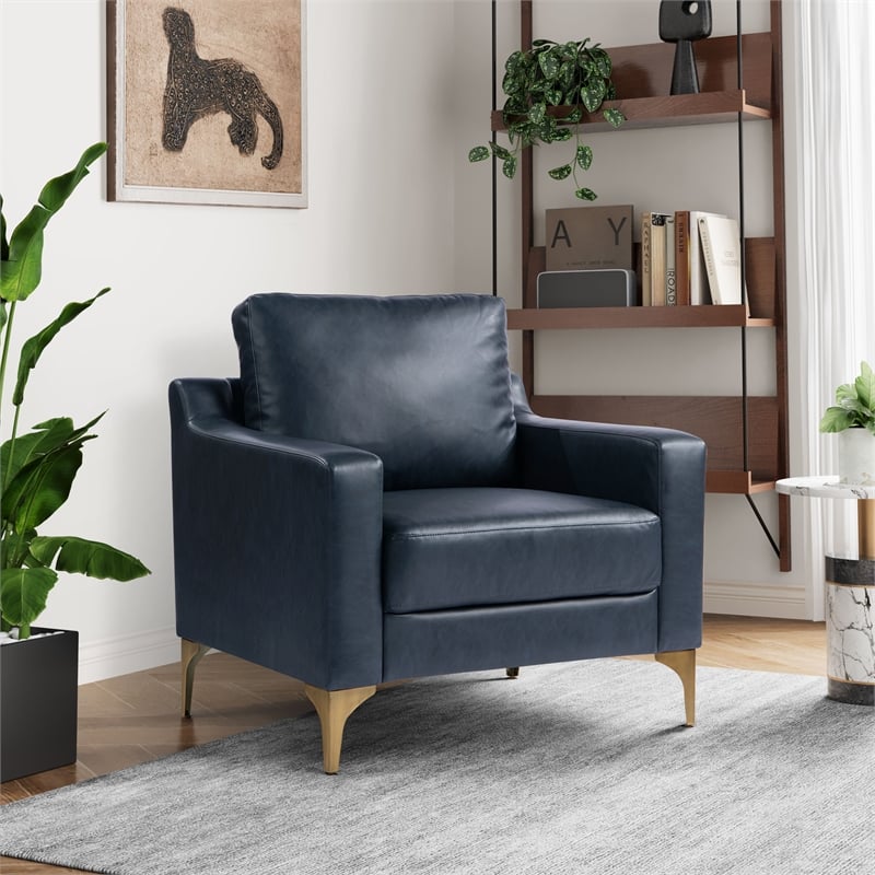 Pemberly Row Stationary Arm Chair in Navy Blue Faux Leather Upholstery
