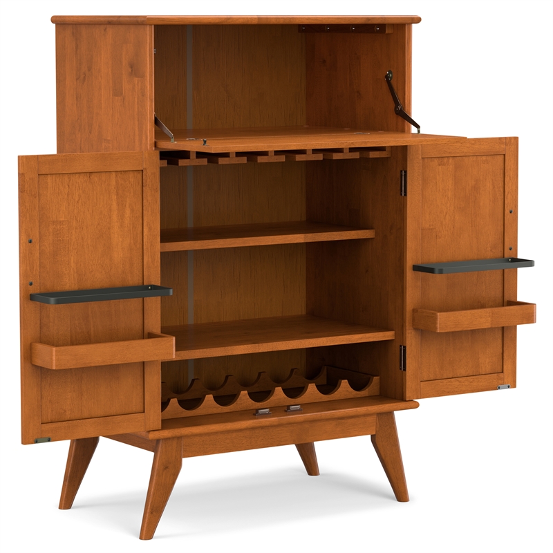 Pemberly Row SOLID HARDWOOD Mid Century 32 inch Wide Bar Cabinet in Teak Brown