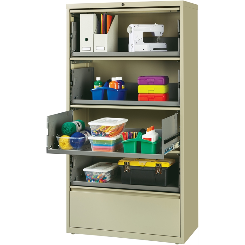 Pemberly Row 36-in Wide 5 Drawer Lateral Filing Cabinet. Roll-out Shelves. Beige
