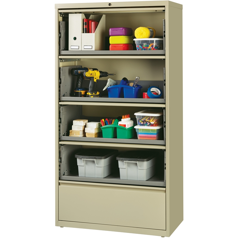 Pemberly Row 36-in Wide 5 Drawer Lateral Filing Cabinet. Roll-out Shelves. Beige