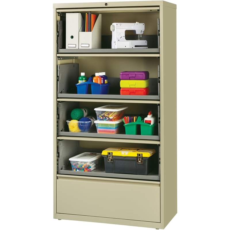 Pemberly Row 36-in Wide 5 Drawer Lateral Filing Cabinet. Roll-out Shelves. Beige