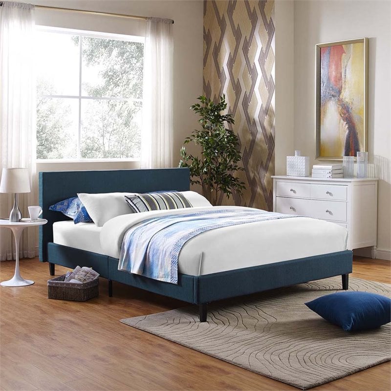 Pemberly Row Full Modern Style Polyester Fabric Bed in Azure Blue Finish