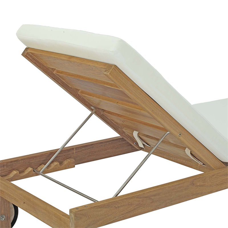 Pemberly Row Solid Teak Wood Outdoor Patio Chaise in Natural/White
